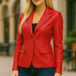 Women’s Red Lambskin Leather Blazer 2-Button Suit Jacket with Notched Lapel Genuine Leather Formal & Casual Coat for Office, Travel & Evening Wear 1