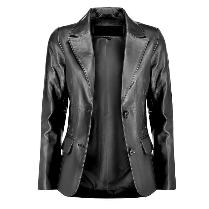 Women’s Black Lambskin Leather Blazer 2-Button Suit Jacket with Notched Lapel Genuine Leather Formal & Casual Coat for Office, Travel & Evening Wear