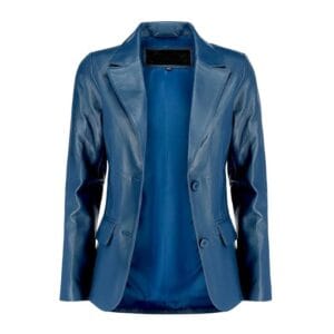 Women’s Navy Blue Lambskin Leather Blazer – Classic 2-Button Genuine Napa Leather Coat with Notched Lapel, Long Sleeves & Flap Pockets Casual, Business & Formal Wear Jacket 1