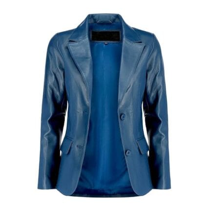 Women’s Navy Blue Lambskin Leather Blazer – Classic 2-Button Genuine Napa Leather Coat with Notched Lapel, Long Sleeves & Flap Pockets Casual, Business & Formal Wear Jacket