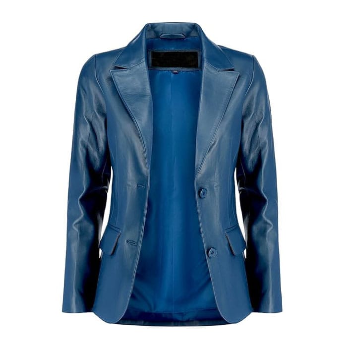 Women’s Navy Blue Lambskin Leather Blazer – Classic 2-Button Genuine Napa Leather Coat with Notched Lapel, Long Sleeves & Flap Pockets Casual, Business & Formal Wear Jacket