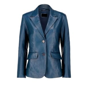 Women’s Navy Blue Lambskin Leather Blazer – Classic 2-Button Genuine Napa Leather Coat with Notched Lapel, Long Sleeves & Flap Pockets Casual, Business & Formal Wear Jacket 3