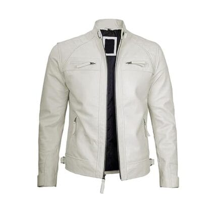 Men’s White Cafe Racer Leather Jacket 100% Real Lambskin Motorcycle Biker Jacket with Quilted Shoulders, Slim Fit, Zipper Pockets Vintage Racing & Street Style by Decrum