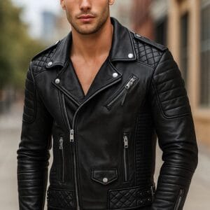 Men’s Black Genuine Leather Biker Jacket Quilted Motorcycle Style with Zipper Pockets & Slim Fit Design | Premium Real Leather Moto Jacket for Men 2