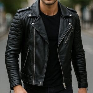 Men’s Black Sheepskin Leather Biker Jacket Diamond Quilted, Slim Fit Motorcycle Riding Coat with Zipper & Multiple Pockets 1