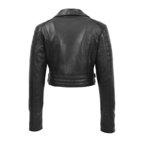 Women’s Black Leather Cropped Biker Jacket Stylish Slim Fit Moto Jacket with Zipper Closure & Buckle Details for Fall/Winter Fashion 3