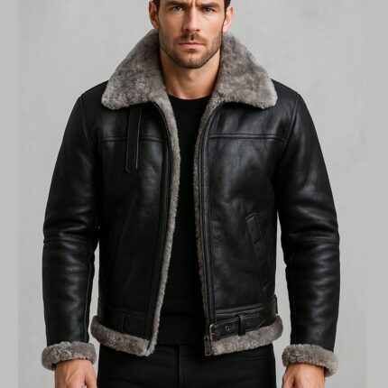 Men’s RAF Aviator Pilot Shearling Leather Jacket Real Sheepskin Flying Coat with Fur Collar Classic WWII Bomber Style Winter Outerwear