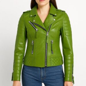 Women’s Genuine Leather Jacket Classic Biker Style Zip-Up Coat Slim Fit Real Leather Outerwear Stylish Winter Moto Fashion Jacket Apple Green 1