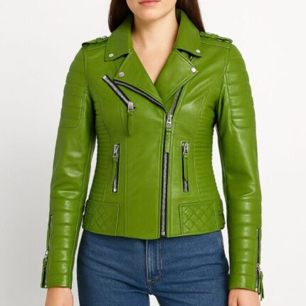 Women’s Genuine Leather Jacket Classic Biker Style Zip-Up Coat Slim Fit Real Leather Outerwear Stylish Winter Moto Fashion Jacket Apple Green