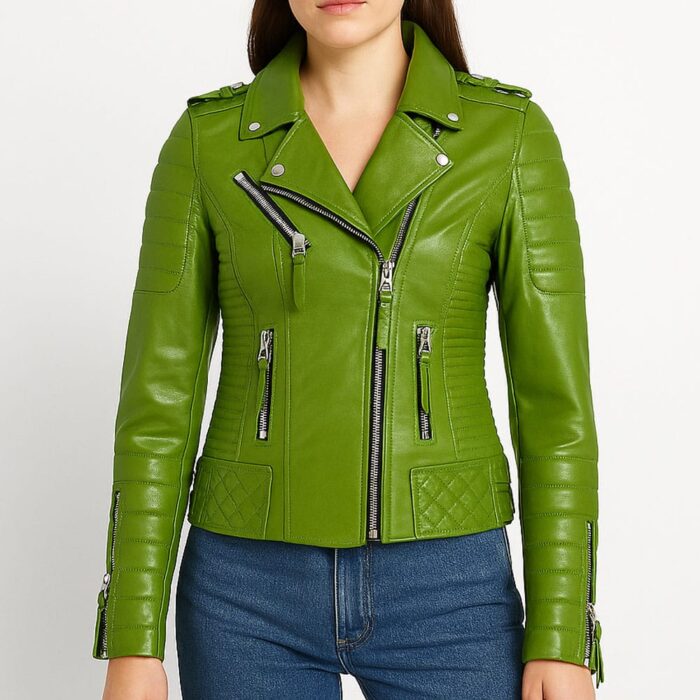 Women’s Genuine Leather Jacket Classic Biker Style Zip-Up Coat Slim Fit Real Leather Outerwear Stylish Winter Moto Fashion Jacket Apple Green