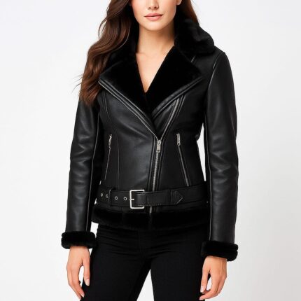 Women’s Black Real Leather Jacket Fur Lined Biker Style Coat Slim Fit Winter Outerwear with Belt Stylish Moto Fashion