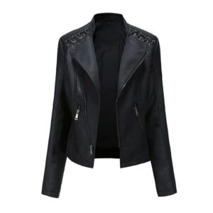 Women’s Leather Biker Jacket Moto Style Short Coat with Zip Pockets Casual Slim Fit Motorcycle Outerwear for Fashion & Riding 3
