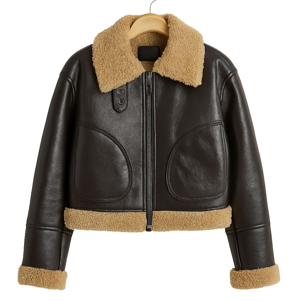 Women’s Faux Shearling Leather Jacket – Vintage Biker Aviator Winter Coat – Warm Lined Moto Outerwear – Stylish PU Leather Flight Jacket