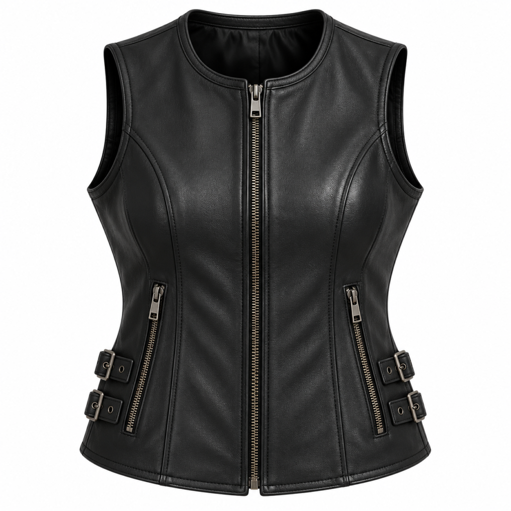 Women’s Leather Motorcycle Vest Premium Cowhide, Stylish Biker Fashion, Gun Pocket, Classic Sleeveless Rider Look