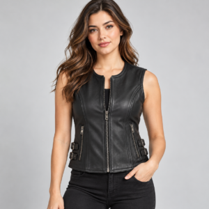 Women’s Leather Motorcycle Vest Premium Cowhide, Stylish Biker Fashion, Gun Pocket, Classic Sleeveless Rider Look 2