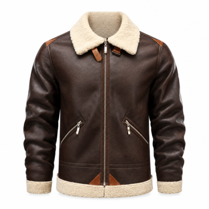 Men’s Brown Aviator Leather Jacket with Shearling Collar Classic Bomber Flight Coat Vintage Pilot Style Winter Outerwear