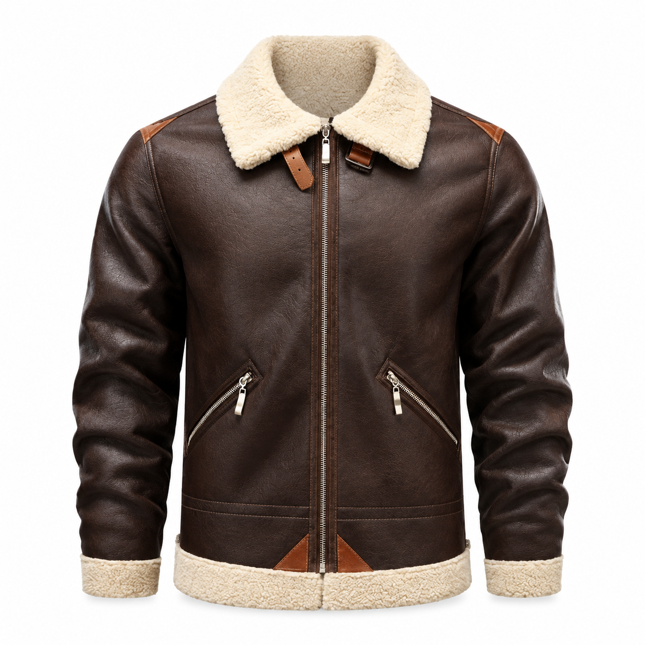 Men’s Brown Aviator Leather Jacket with Shearling Collar Classic Bomber Flight Coat Vintage Pilot Style Winter Outerwear