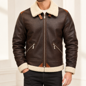 Men’s Brown Aviator Leather Jacket with Shearling Collar Classic Bomber Flight Coat Vintage Pilot Style Winter Outerwear 2