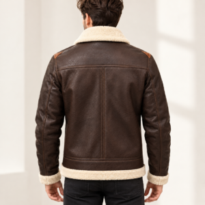 Men’s Brown Aviator Leather Jacket with Shearling Collar Classic Bomber Flight Coat Vintage Pilot Style Winter Outerwear 4