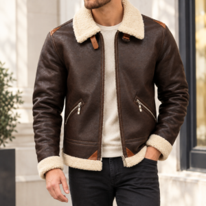 Men’s Brown Aviator Leather Jacket with Shearling Collar Classic Bomber Flight Coat Vintage Pilot Style Winter Outerwear 3