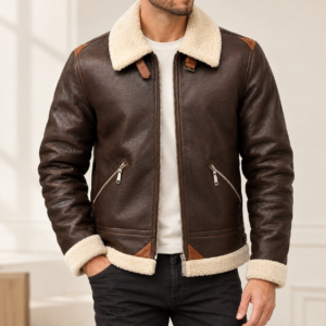 Men’s Brown Aviator Leather Jacket with Shearling Collar Classic Bomber Flight Coat Vintage Pilot Style Winter Outerwear 6