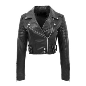 Women’s Black Leather Cropped Biker Jacket Stylish Slim Fit Moto Jacket with Zipper Closure & Buckle Details for Fall/Winter Fashion 2
