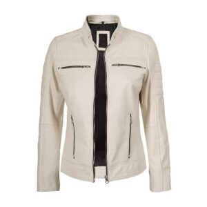 Women Faux Leather Jacket PU Slim Fit Cafe Racer Biker Jacket with Quilted Shoulders & Zipper Pockets 24