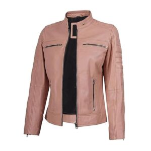 Women Faux Leather Jacket PU Slim Fit Cafe Racer Biker Jacket with Quilted Shoulders & Zipper Pockets 25