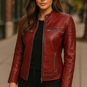 Women Faux Leather Jacket PU Slim Fit Cafe Racer Biker Jacket with Quilted Shoulders and Zipper Pockets 3