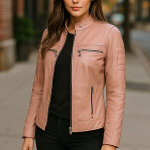 Women Faux Leather Jacket PU Slim Fit Cafe Racer Biker Jacket with Quilted Shoulders and Zipper Pockets 1
