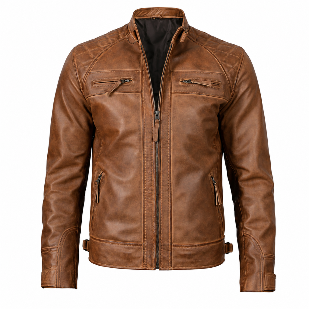 Men’s Brown Cafe Racer Leather Jacket 100% Real Lambskin Biker Motorcycle Jacket with Quilted Shoulders, Slim Fit, Multiple Zipper Pockets Vintage Distressed Style by Decrum