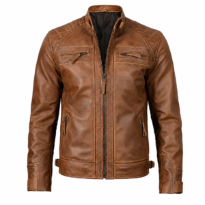 Men’s Brown Cafe Racer Leather Jacket 100% Real Lambskin Biker Motorcycle Jacket with Quilted Shoulders, Slim Fit, Multiple Zipper Pockets Vintage Distressed Style by Decrum 1
