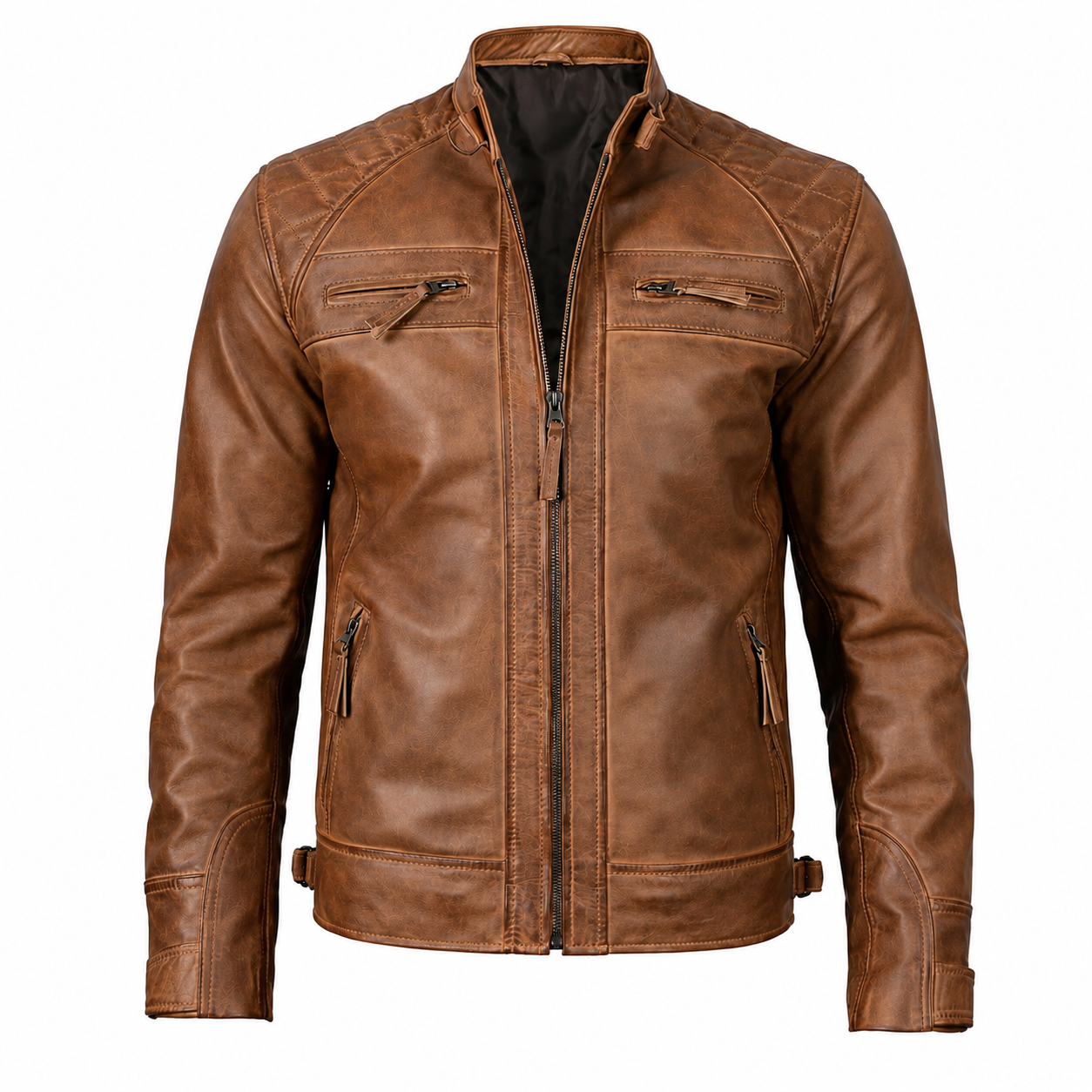 Men’s Brown Cafe Racer Leather Jacket 100% Real Lambskin Biker Motorcycle Jacket with Quilted Shoulders, Slim Fit, Multiple Zipper Pockets Vintage Distressed Style by Decrum