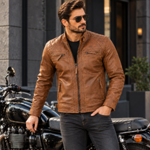 Men’s Brown Cafe Racer Leather Jacket 100% Real Lambskin Biker Motorcycle Jacket with Quilted Shoulders, Slim Fit, Multiple Zipper Pockets Vintage Distressed Style by Decrum 2