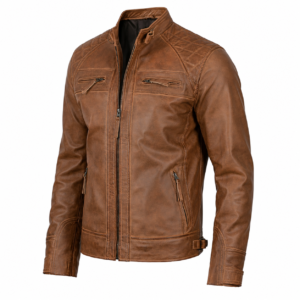Men’s Brown Cafe Racer Leather Jacket 100% Real Lambskin Biker Motorcycle Jacket with Quilted Shoulders, Slim Fit, Multiple Zipper Pockets Vintage Distressed Style by Decrum 3