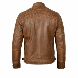 Men’s Brown Cafe Racer Leather Jacket 100% Real Lambskin Biker Motorcycle Jacket with Quilted Shoulders, Slim Fit, Multiple Zipper Pockets Vintage Distressed Style by Decrum 4