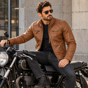 Men’s Brown Cafe Racer Leather Jacket 100% Real Lambskin Biker Motorcycle Jacket with Quilted Shoulders, Slim Fit, Multiple Zipper Pockets Vintage Distressed Style by Decrum 8