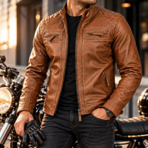 Men’s Brown Cafe Racer Leather Jacket 100% Real Lambskin Biker Motorcycle Jacket with Quilted Shoulders, Slim Fit, Multiple Zipper Pockets Vintage Distressed Style by Decrum 5