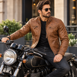 Men’s Brown Cafe Racer Leather Jacket 100% Real Lambskin Biker Motorcycle Jacket with Quilted Shoulders, Slim Fit, Multiple Zipper Pockets Vintage Distressed Style by Decrum 7