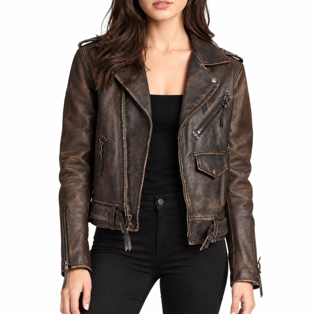 Women's Biker Vintage Motorcycle Cafe Racer Genuine Sheepskin Leather Jacket Distressed Brown