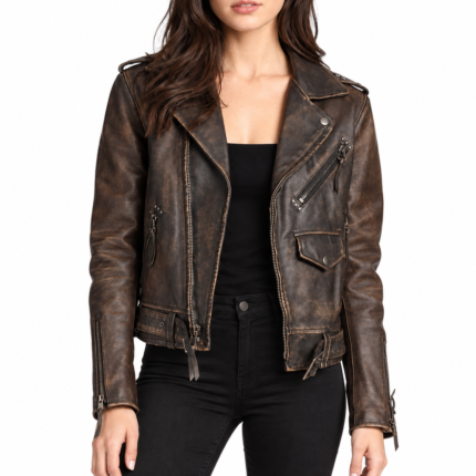 Women's Biker Vintage Motorcycle Cafe Racer Genuine Sheepskin Leather Jacket Distressed Brown