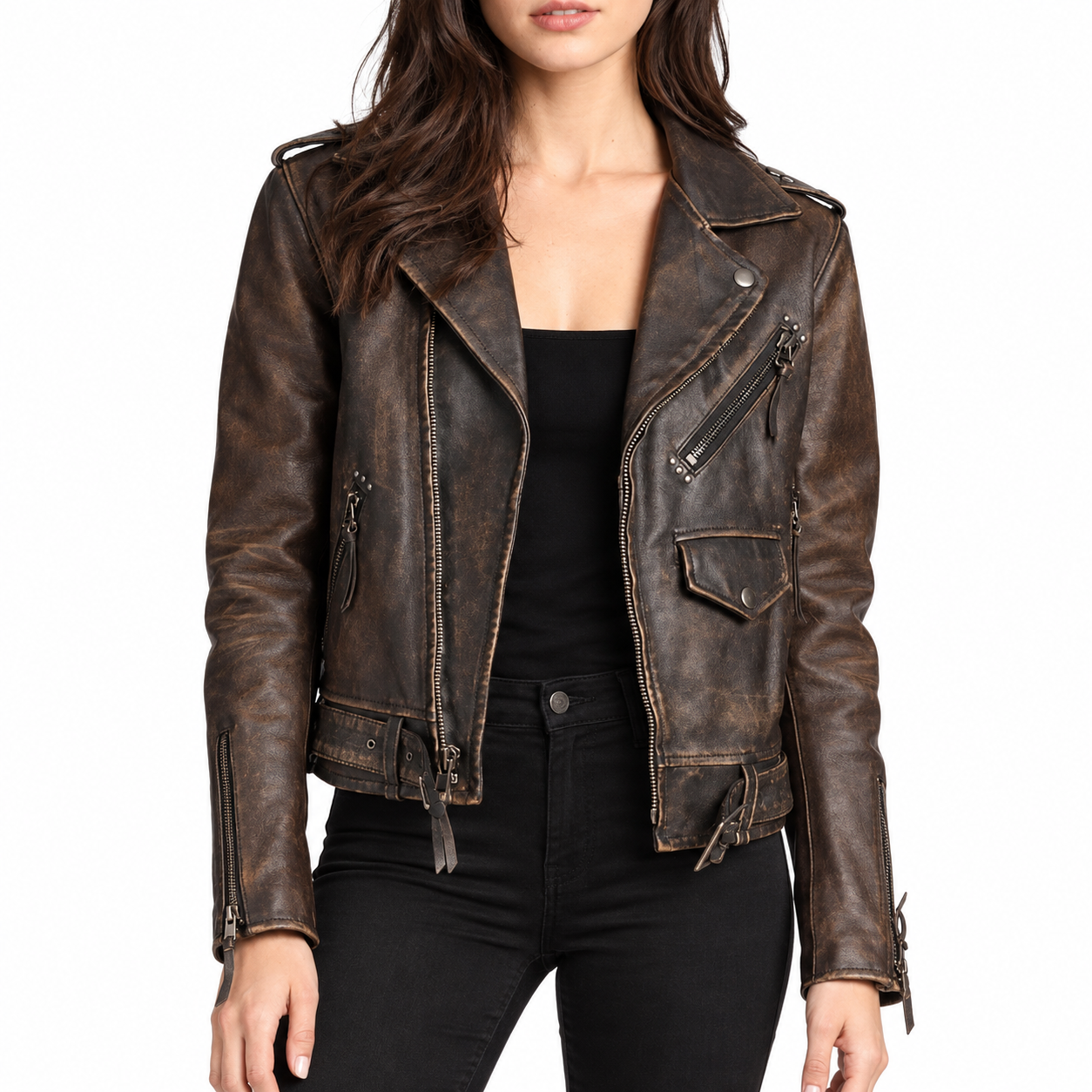 Women's Biker Vintage Motorcycle Cafe Racer Genuine Sheepskin Leather Jacket Distressed Brown
