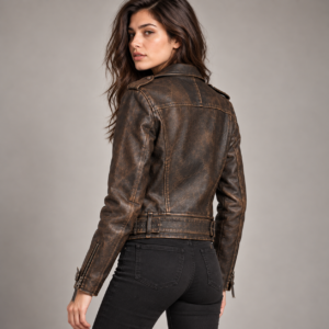 Women's Biker Vintage Motorcycle Cafe Racer Genuine Sheepskin Leather Jacket Distressed Brown 4