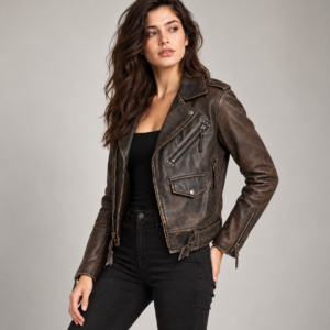 Women's Biker Vintage Motorcycle Cafe Racer Genuine Sheepskin Leather Jacket Distressed Brown 5