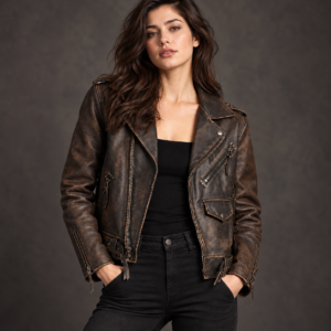 Women's Biker Vintage Motorcycle Cafe Racer Genuine Sheepskin Leather Jacket Distressed Brown 8