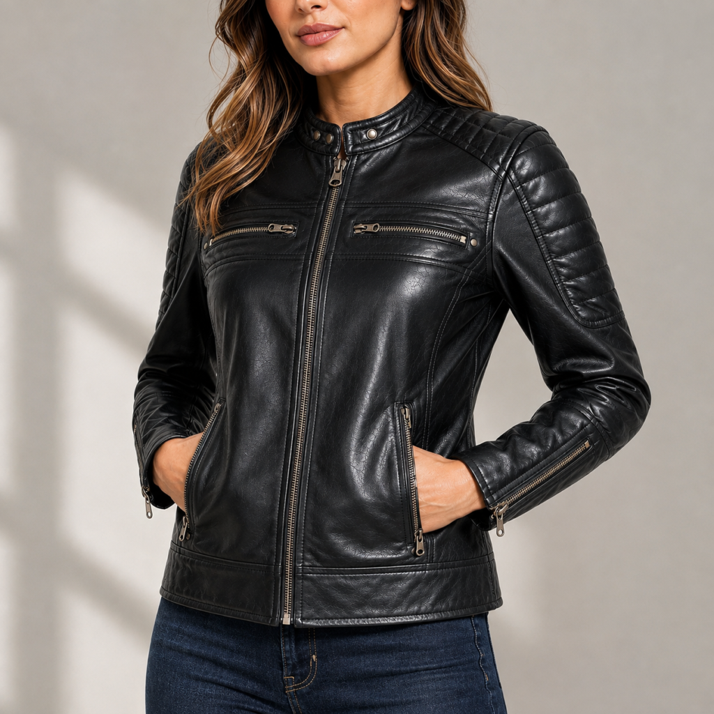 Women Leather Jacket Real Lambskin Black Biker Jacket, Stylish Cafe Racer Leather Jacket with Quilted Design & Zipper Pockets