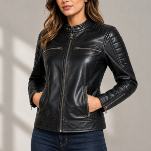 Women Leather Jacket Real Lambskin Black Biker Jacket, Stylish Cafe Racer Leather Jacket with Quilted Design & Zipper Pockets 1