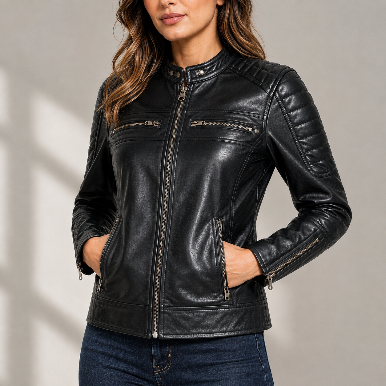 Women Leather Jacket Real Lambskin Black Biker Jacket, Stylish Cafe Racer Leather Jacket with Quilted Design & Zipper Pockets