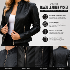 Women Leather Jacket Real Lambskin Black Biker Jacket, Stylish Cafe Racer Leather Jacket with Quilted Design & Zipper Pockets 8