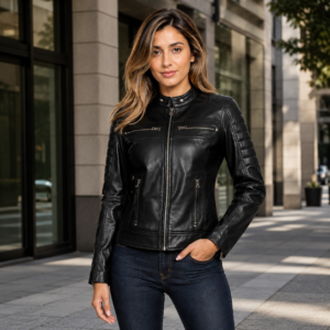 Women Leather Jacket Real Lambskin Black Biker Jacket, Stylish Cafe Racer Leather Jacket with Quilted Design & Zipper Pockets 6
